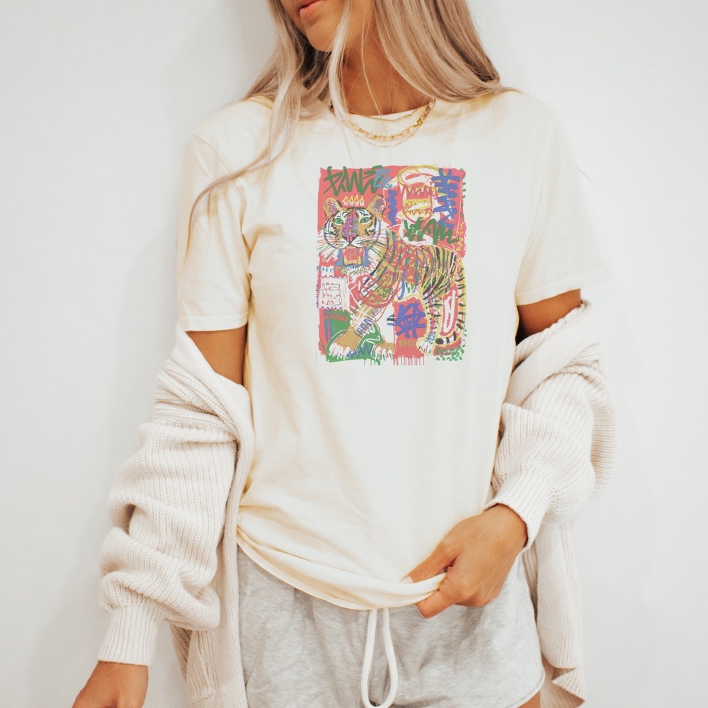 Roaring Tiger Crowned in Abstract Expressionist Swirls Tee